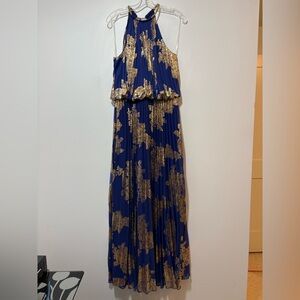 Msk Royal Blue Gold Foil Necklace Halter Maxi Stretch Sz 14 Dress